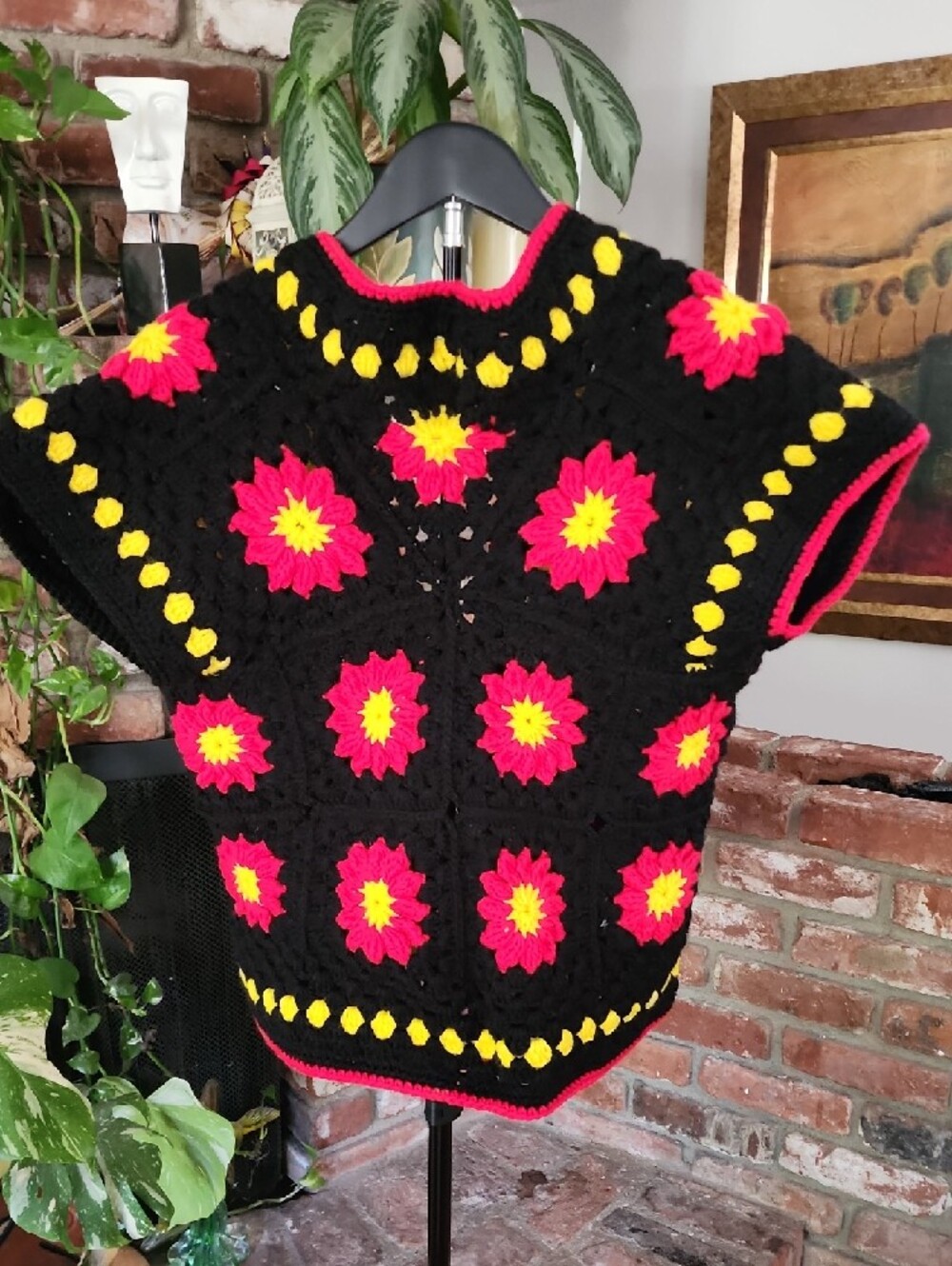 Handmade Crochet Granny Square Floral Vest Boho Hippie - Picture 4 of 7